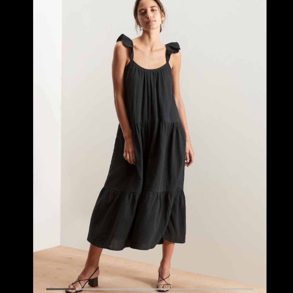 Frill-Sleeve Gauze Tiered Midi Dress